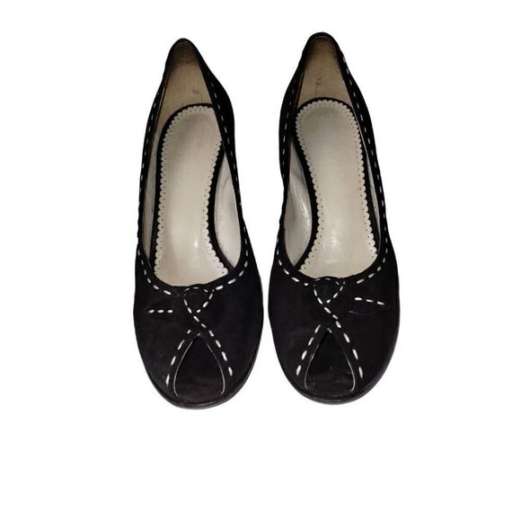 Franco Sarto Womens Black Suede Heel Size 8.5 Open Toe White Stitching 3" Heel - Picture 3 of 11